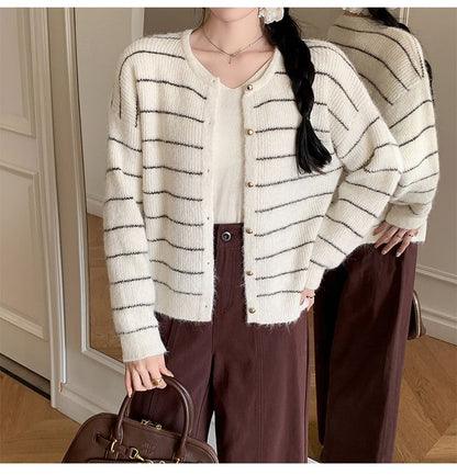 Crew Neck Striped Button-Up Cardigan