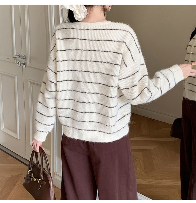 Crew Neck Striped Button-Up Cardigan