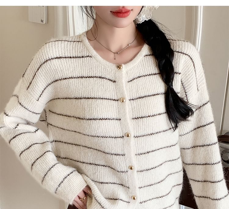 Crew Neck Striped Button-Up Cardigan