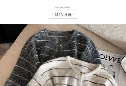 Crew Neck Striped Button-Up Cardigan