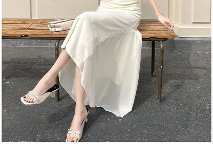 Spaghetti Strap V-Neck Plain Mesh Panel Midi Mermaid Dress