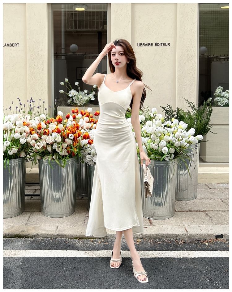 Spaghetti Strap V-Neck Plain Mesh Panel Midi Mermaid Dress