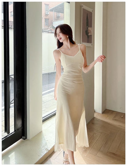 Spaghetti Strap V-Neck Plain Mesh Panel Midi Mermaid Dress