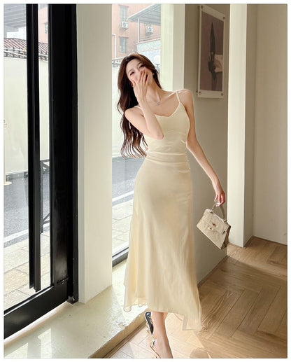 Spaghetti Strap V-Neck Plain Mesh Panel Midi Mermaid Dress
