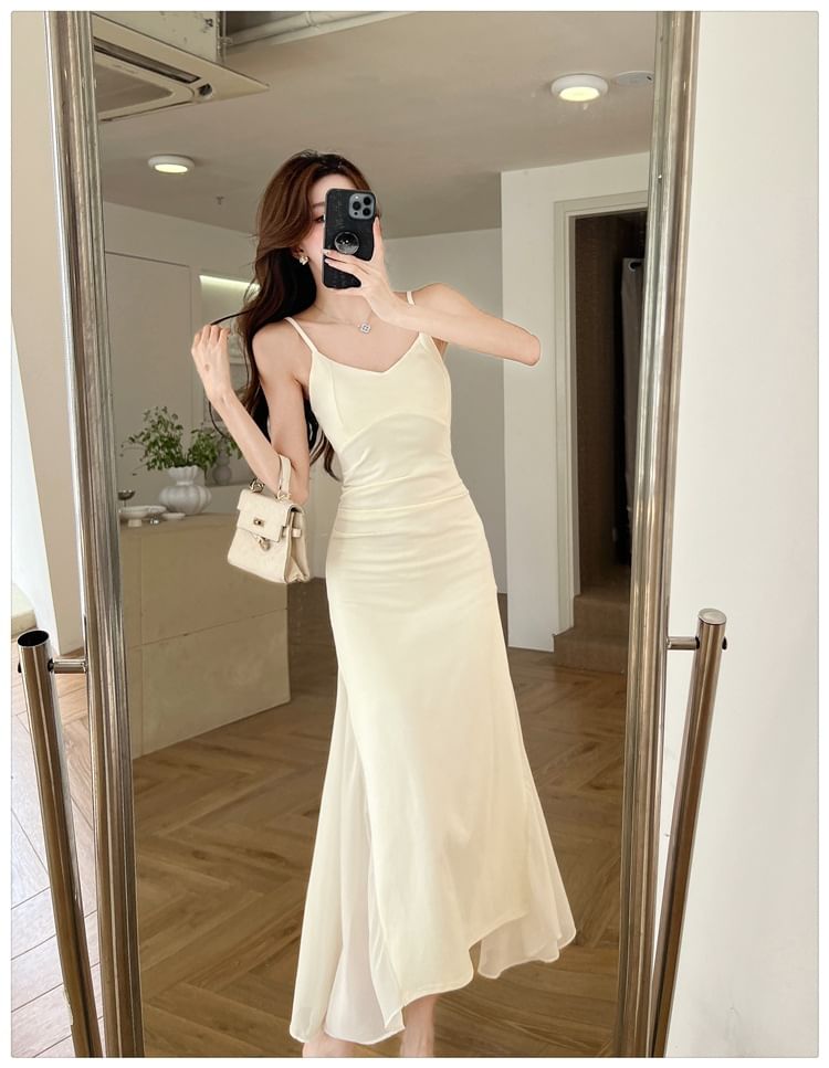 Spaghetti Strap V-Neck Plain Mesh Panel Midi Mermaid Dress