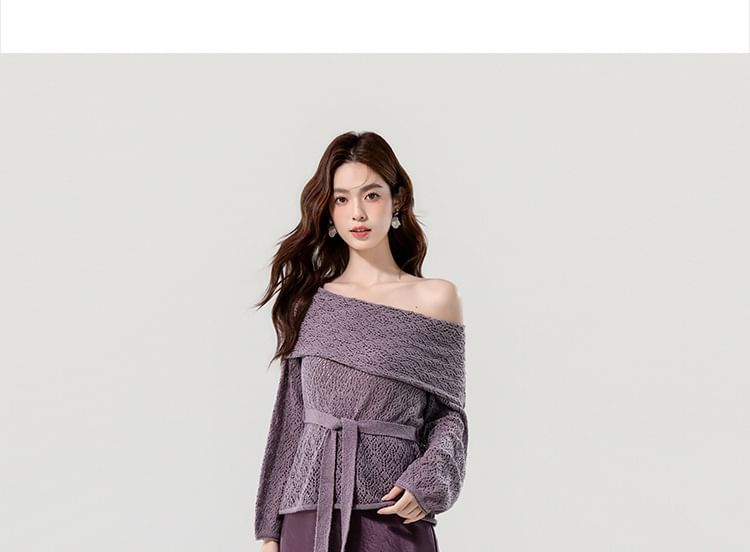 Black Off-Shoulder Knit Top with Tie Waist - Altfashion Shop