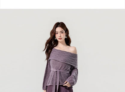 Black Off-Shoulder Knit Top with Tie Waist - Altfashion Shop