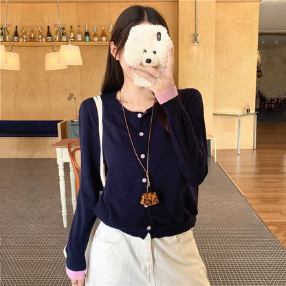Mock Two-Piece Crew Neck Two Tone Button-Up Crop Cardigan