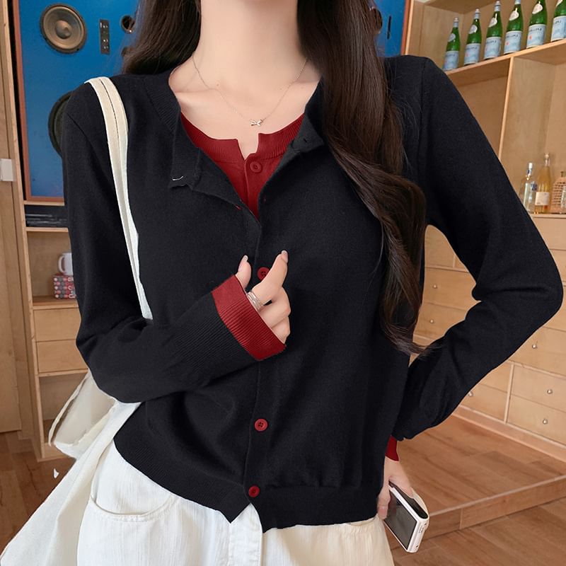 Mock Two-Piece Crew Neck Two Tone Button-Up Crop Cardigan
