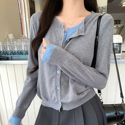 Mock Two-Piece Crew Neck Two Tone Button-Up Crop Cardigan