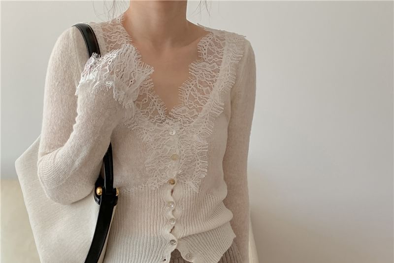 V-Neck Lace Panel Button-Up Sheer Cardigan