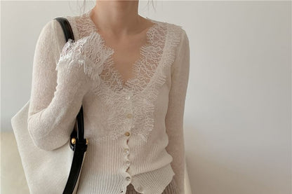 V-Neck Lace Panel Button-Up Sheer Cardigan