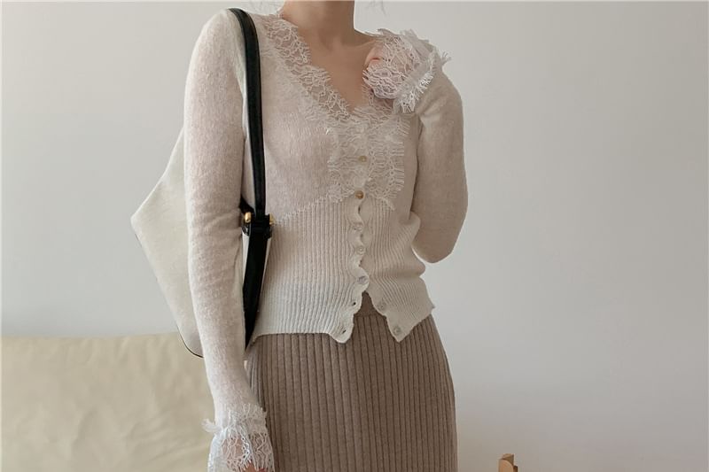 V-Neck Lace Panel Button-Up Sheer Cardigan