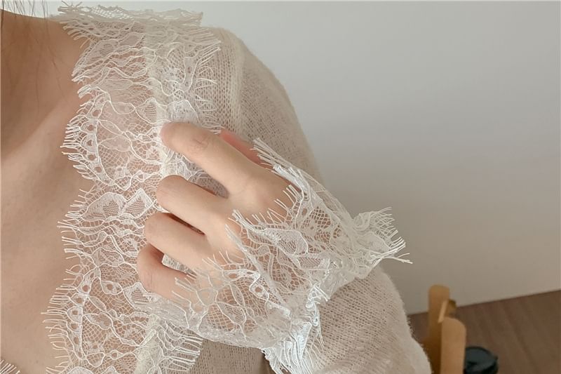 V-Neck Lace Panel Button-Up Sheer Cardigan