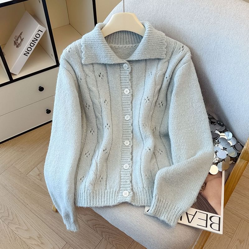 Collared Button-Up Plain Cable Knit Cardigan