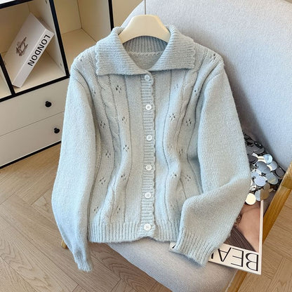 Collared Button-Up Plain Cable Knit Cardigan