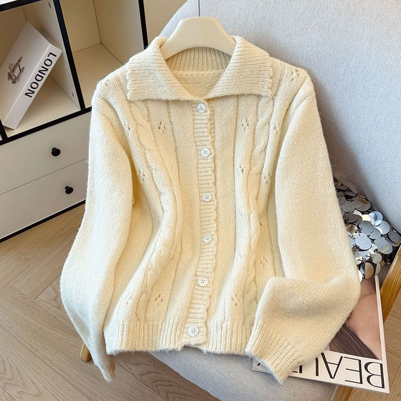 Collared Button-Up Plain Cable Knit Cardigan