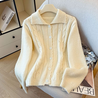 Collared Button-Up Plain Cable Knit Cardigan