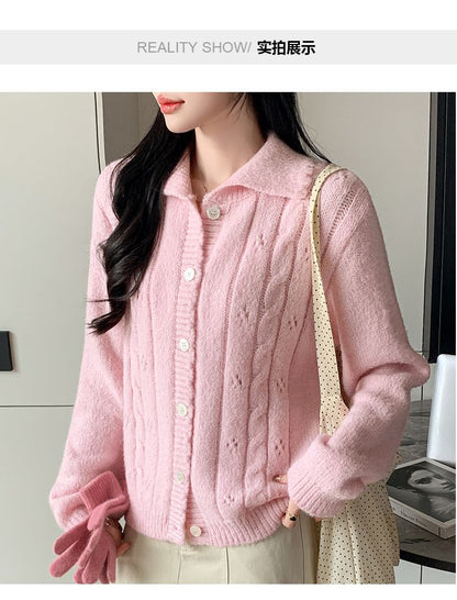 Collared Button-Up Plain Cable Knit Cardigan