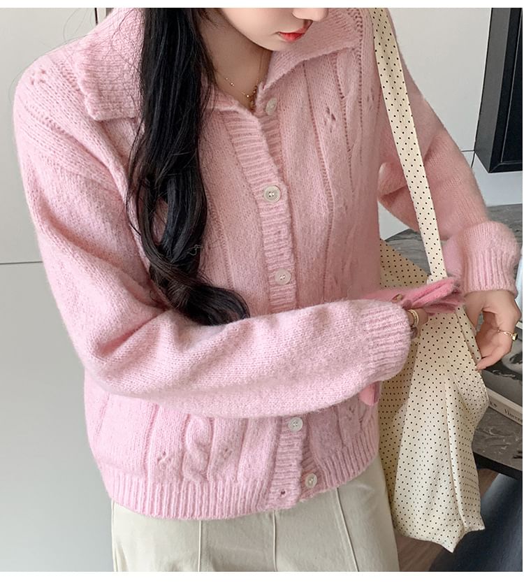 Collared Button-Up Plain Cable Knit Cardigan
