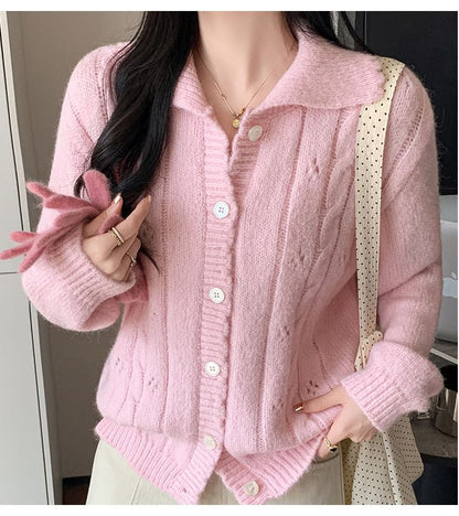 Collared Button-Up Plain Cable Knit Cardigan