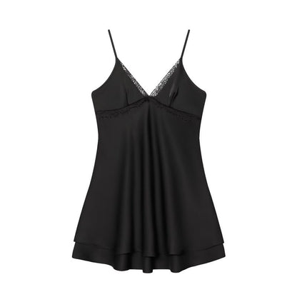 Spaghetti Strap V-Neck Lace Trim Layered Satin Mini A-Line Dress