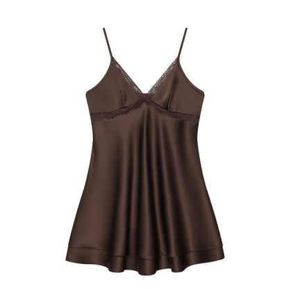Spaghetti Strap V-Neck Lace Trim Layered Satin Mini A-Line Dress