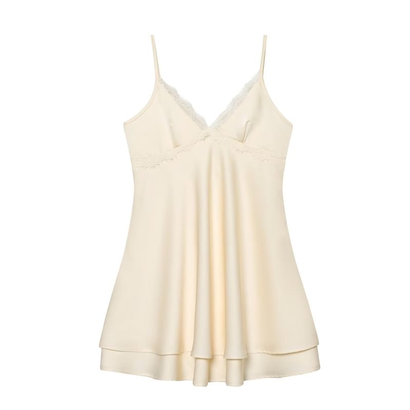 Spaghetti Strap V-Neck Lace Trim Layered Satin Mini A-Line Dress