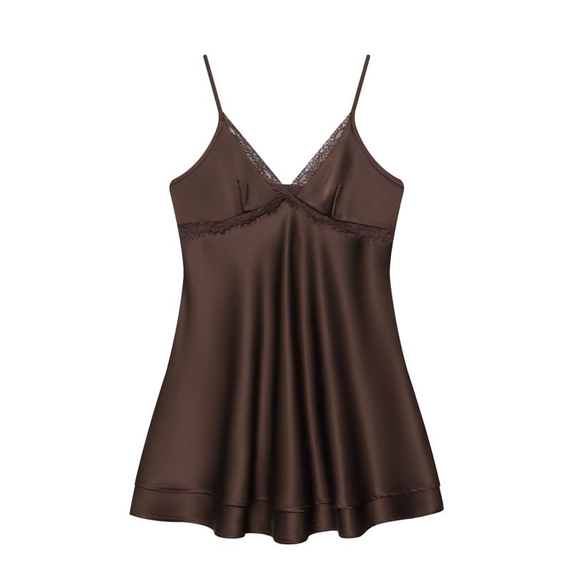 Spaghetti Strap V-Neck Lace Trim Layered Satin Mini A-Line Dress