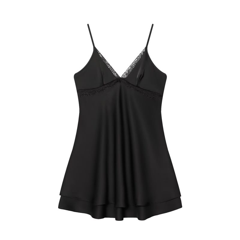 Spaghetti Strap V-Neck Lace Trim Layered Satin Mini A-Line Dress