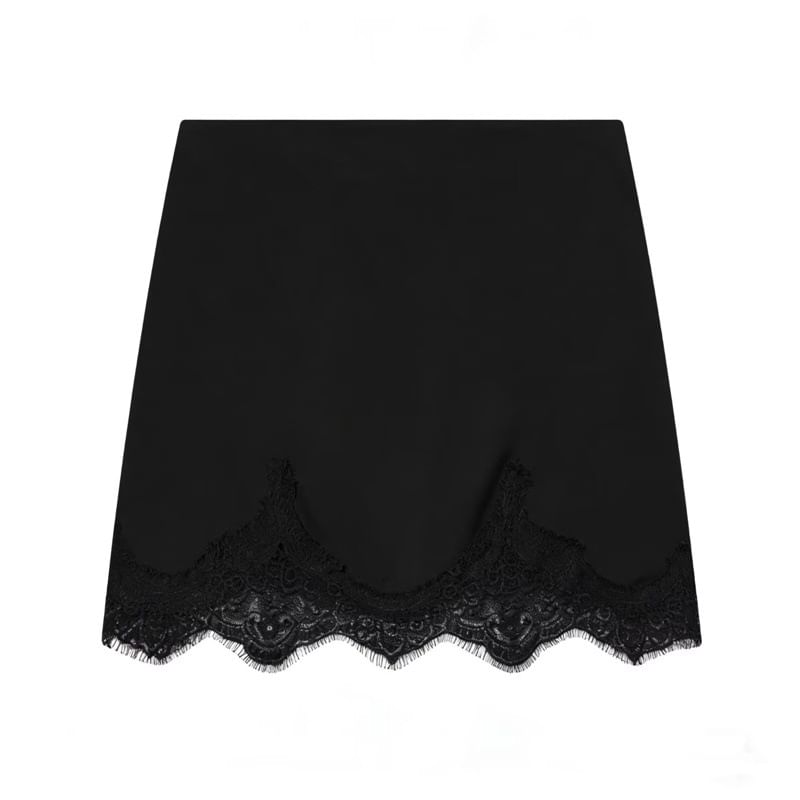 Black Lace Mini A-Line Skirt with High Waist - Altfashion Shop