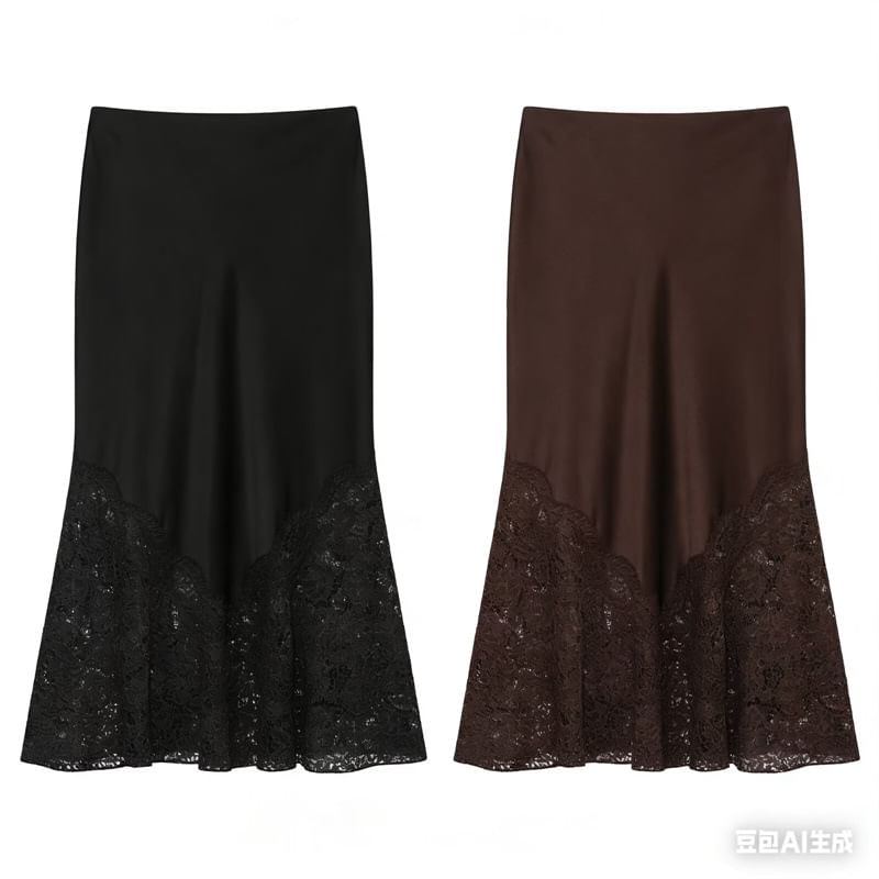 Black Satin Mermaid Maxi Skirt with Lace Accents - Altfashion Shop