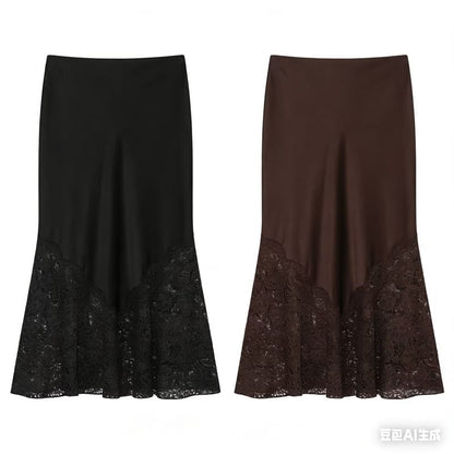 Black Satin Mermaid Maxi Skirt with Lace Accents - Altfashion Shop