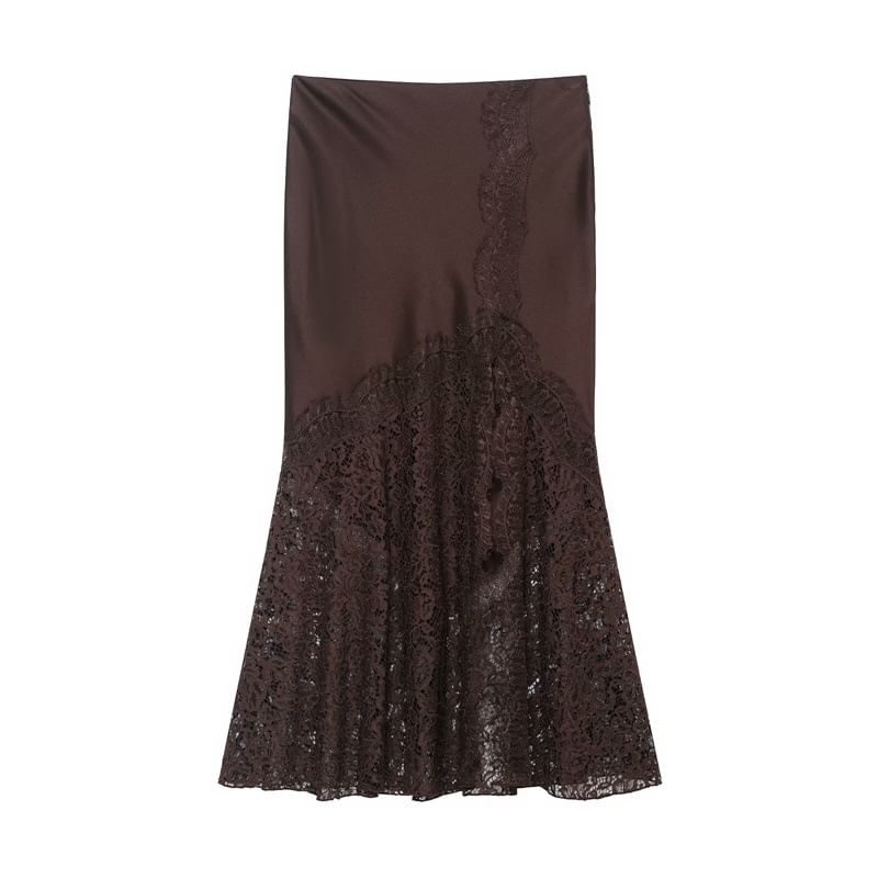 Black Satin Mermaid Maxi Skirt with Lace Accents - Altfashion Shop
