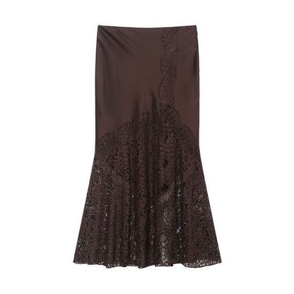 Black Satin Mermaid Maxi Skirt with Lace Accents - Altfashion Shop
