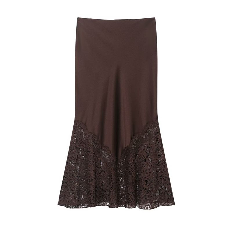Black Satin Mermaid Maxi Skirt with Lace Accents - Altfashion Shop