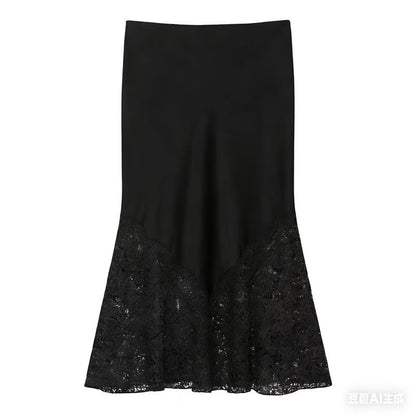 Black Satin Mermaid Maxi Skirt with Lace Accents - Altfashion Shop