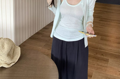 Set: Plain Camisole Top + Round Neck Cardigan