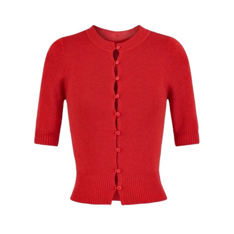 Elbow-Sleeve Crew Neck Button-Up Plain Crop Cardigan