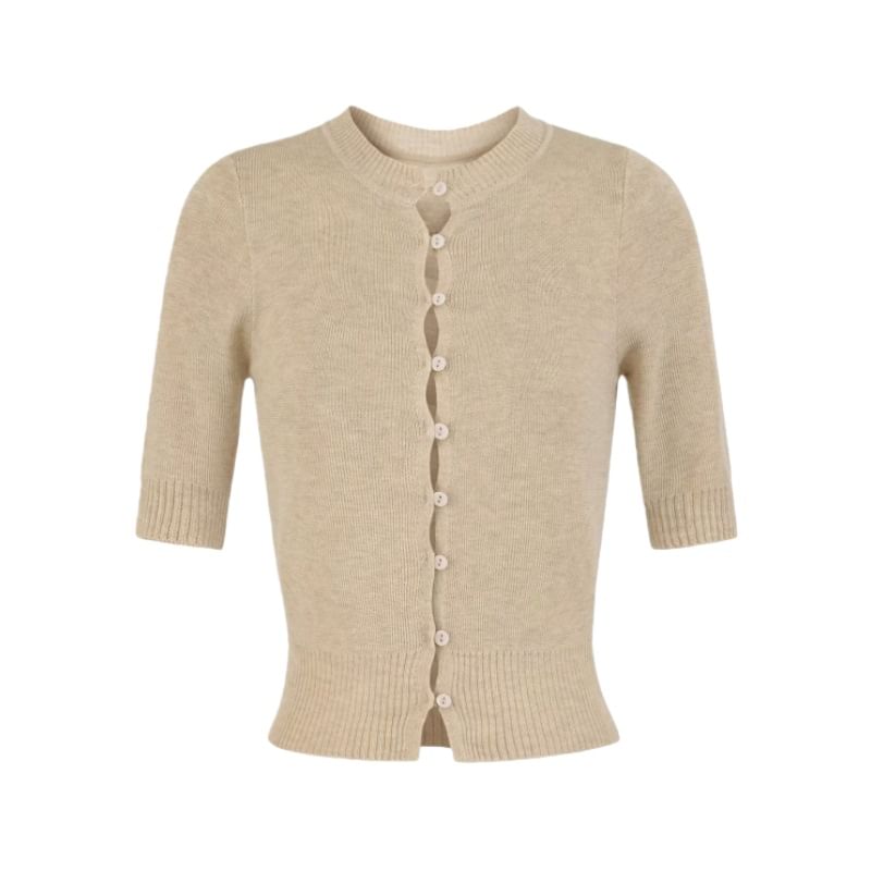 Elbow-Sleeve Crew Neck Button-Up Plain Crop Cardigan