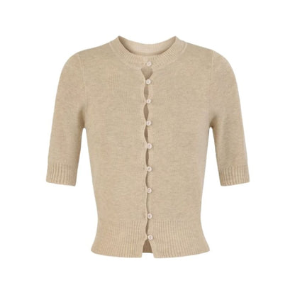 Elbow-Sleeve Crew Neck Button-Up Plain Crop Cardigan