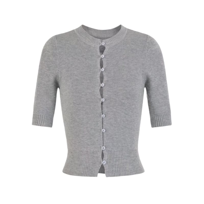 Elbow-Sleeve Crew Neck Button-Up Plain Crop Cardigan