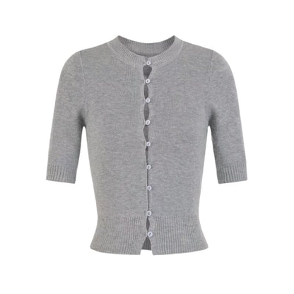 Elbow-Sleeve Crew Neck Button-Up Plain Crop Cardigan