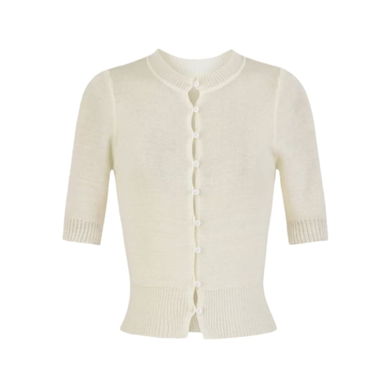 Elbow-Sleeve Crew Neck Button-Up Plain Crop Cardigan