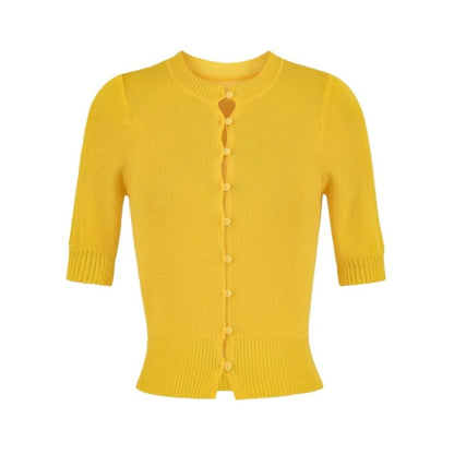 Elbow-Sleeve Crew Neck Button-Up Plain Crop Cardigan