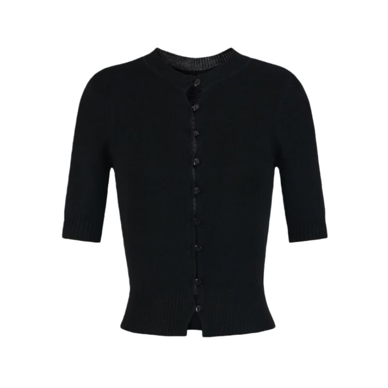 Elbow-Sleeve Crew Neck Button-Up Plain Crop Cardigan
