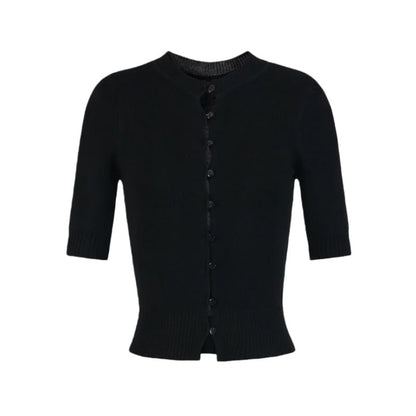 Elbow-Sleeve Crew Neck Button-Up Plain Crop Cardigan