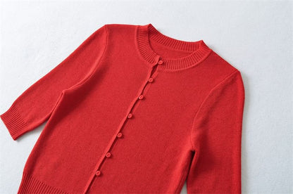 Elbow-Sleeve Crew Neck Button-Up Plain Crop Cardigan
