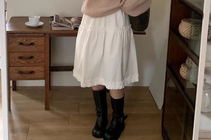 Black Midi A-Line Skirt with Ruffled Waistband