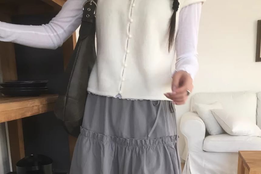 Black Midi A-Line Skirt with Ruffled Waistband